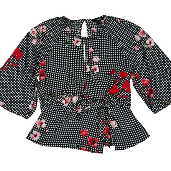 Express Black and White Checkered Top with Red Floral - Picture 1 of 6